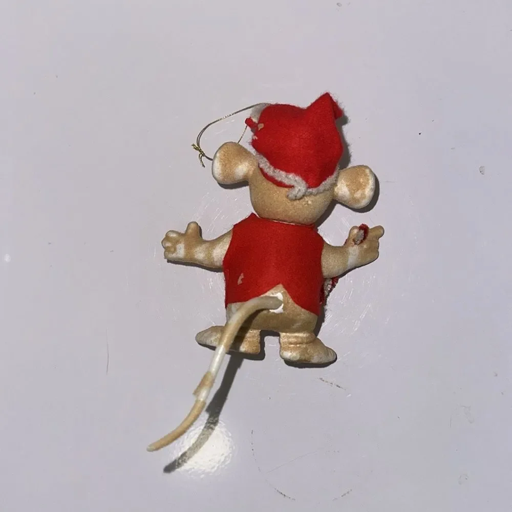 Vintage Flocked Plastic Mouse Christmas Tree Ornament/ Red Outfit & Candy Cane‎